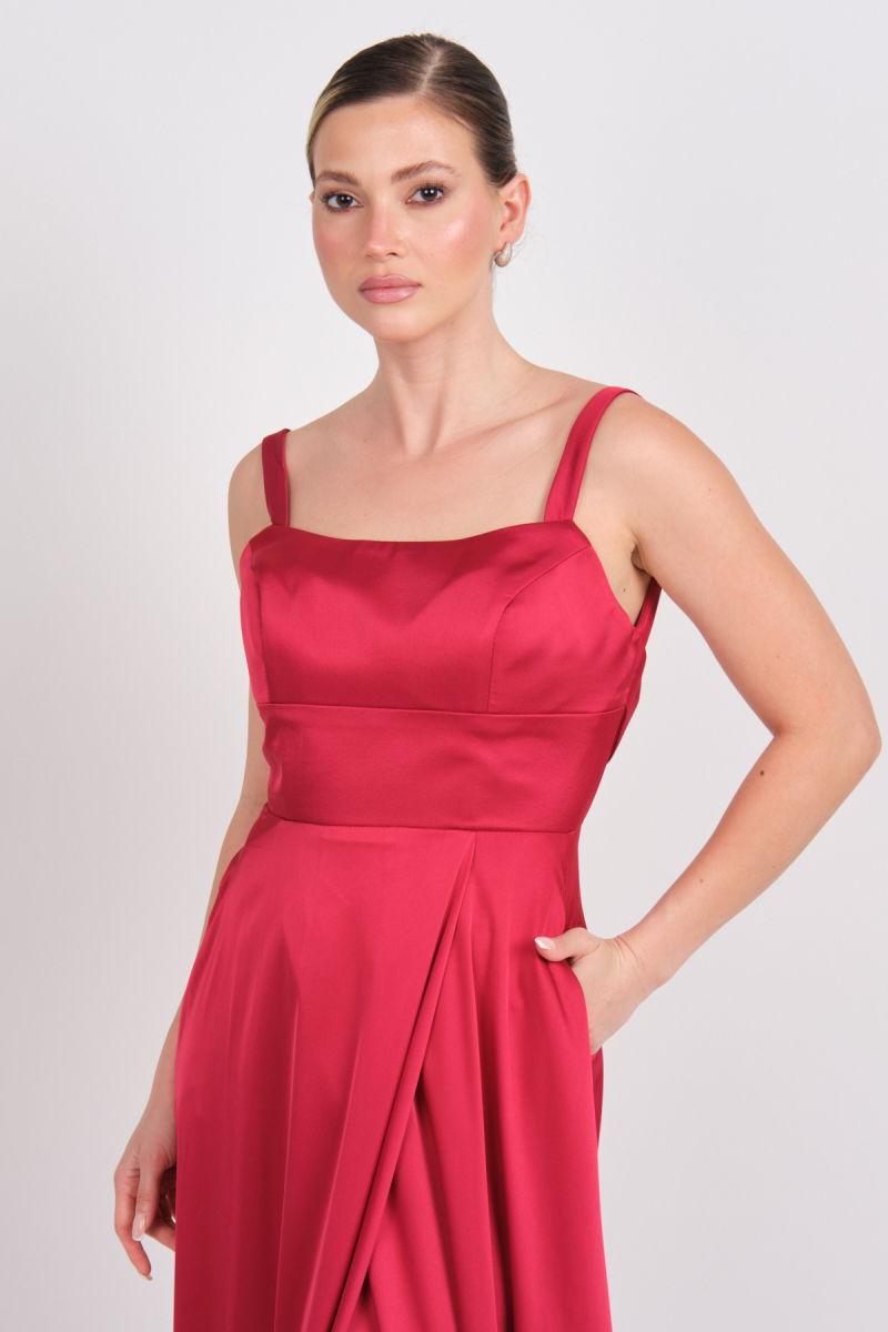 Doridorca Kadın Kare Yaka Sırt Detaylı Maxi Boy Saten Abiye Elbise 7089 Bordo - 3