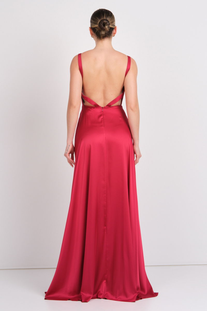 Doridorca Kadın Kare Yaka Sırt Detaylı Maxi Boy Saten Abiye Elbise 7089 Bordo - 4