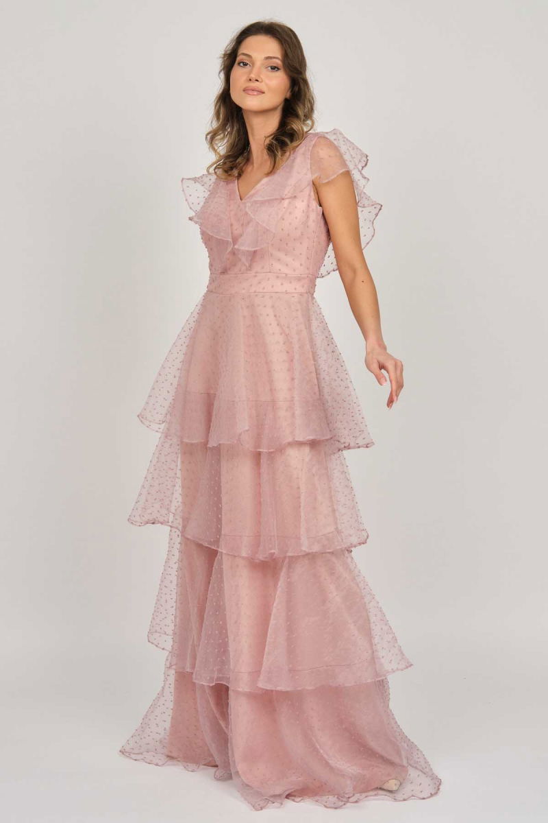 Doridorca Kadın Kat Detaylı Uzun Abiye Elbise 5923047 Gül Kurusu - Doridorca