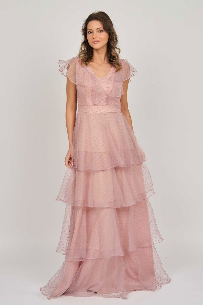 Doridorca Kadın Kat Detaylı Uzun Abiye Elbise 5923047 Gül Kurusu - 2