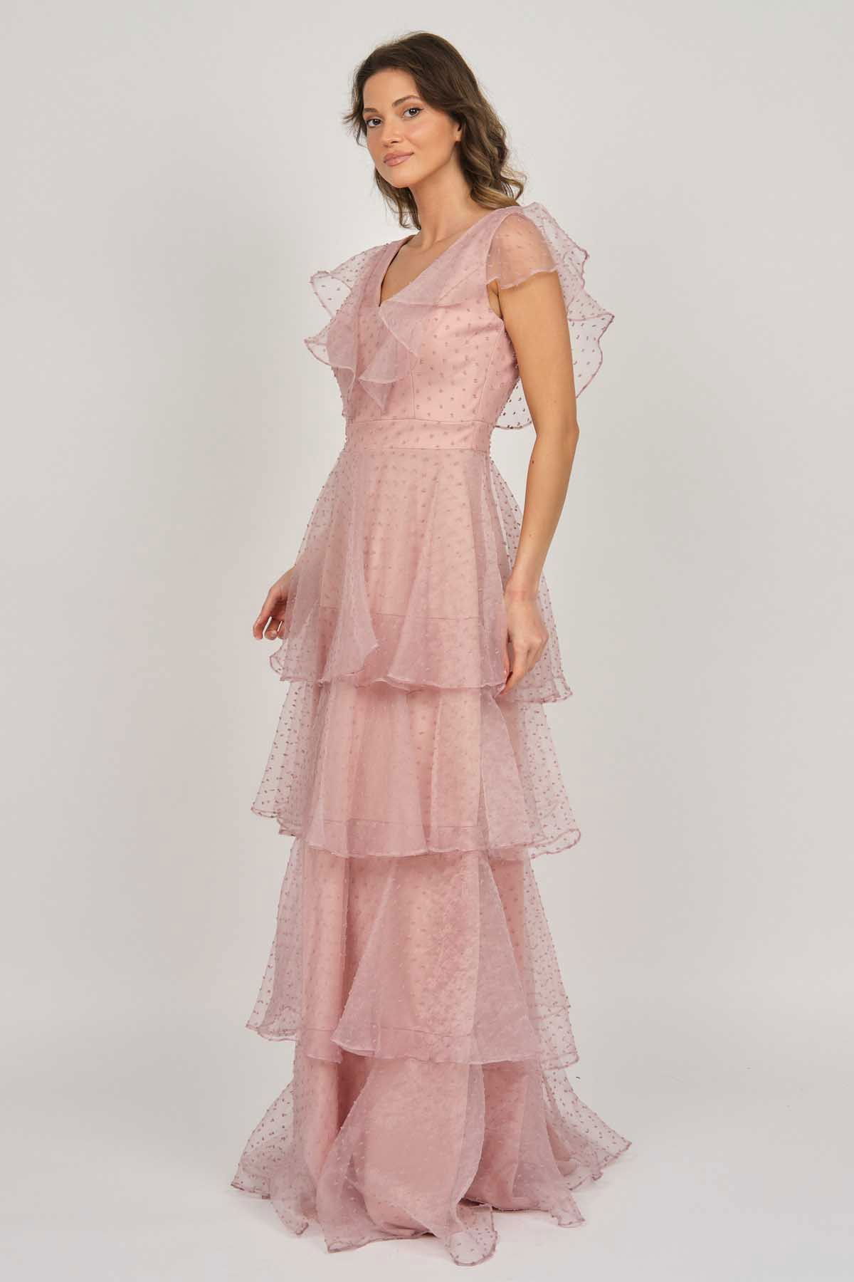 Doridorca Kadın Kat Detaylı Uzun Abiye Elbise 5923047 Gül Kurusu - 4