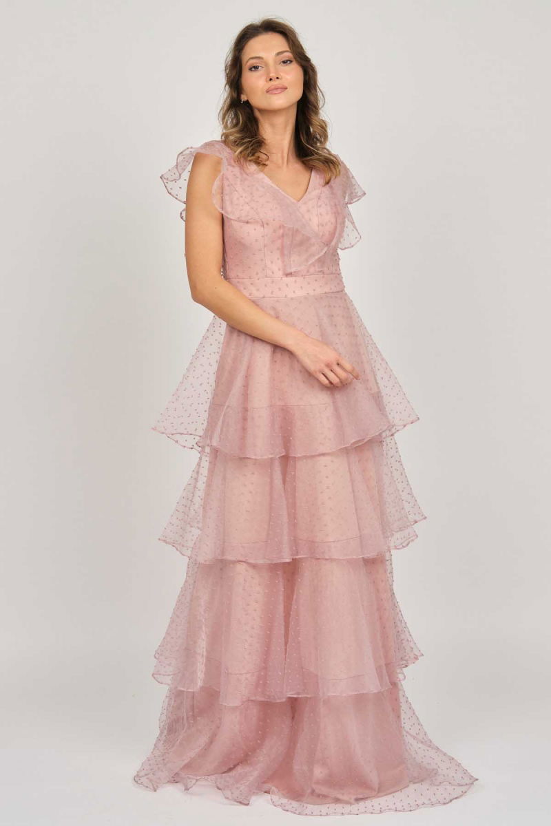 Doridorca Kadın Kat Detaylı Uzun Abiye Elbise 5923047 Gül Kurusu - 7