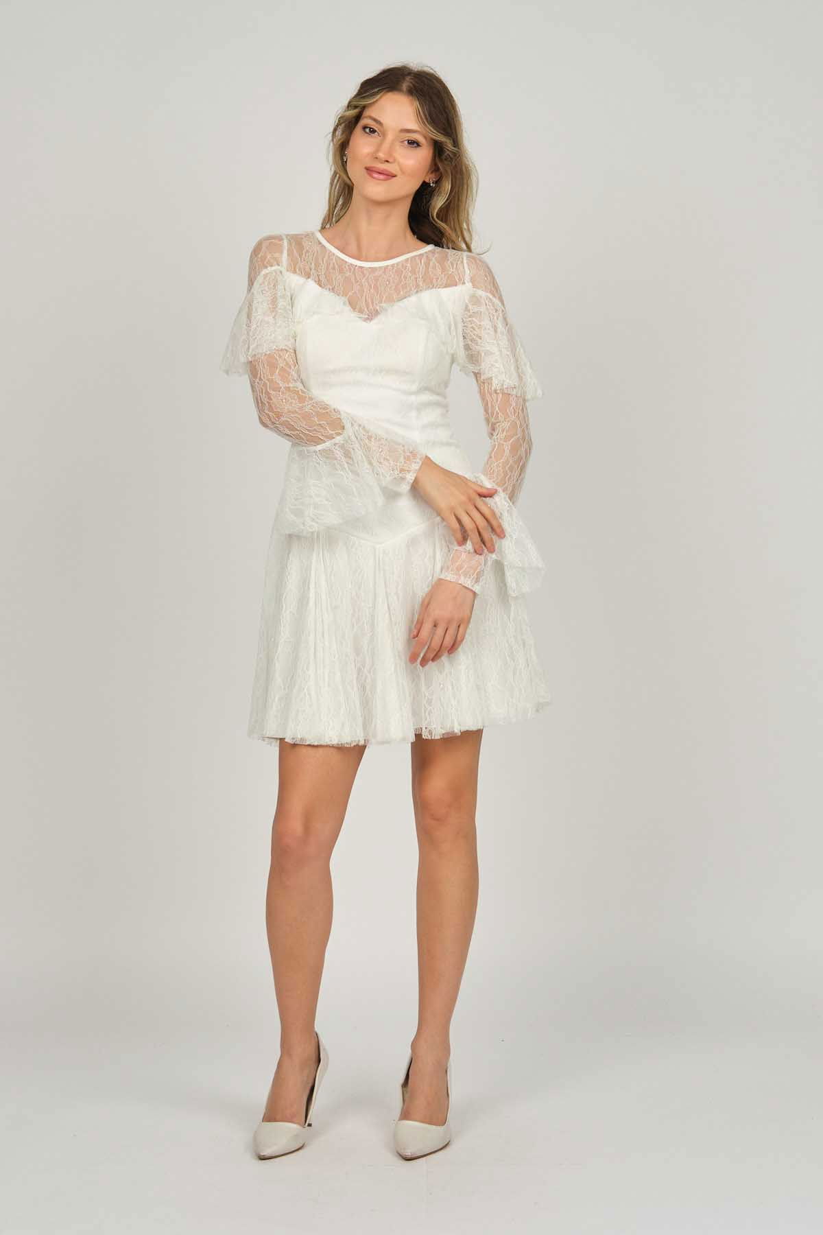 Doridorca Kadın Kol ve Göğüs Detaylı Abiye Elbise 5921153 Kemik - 6