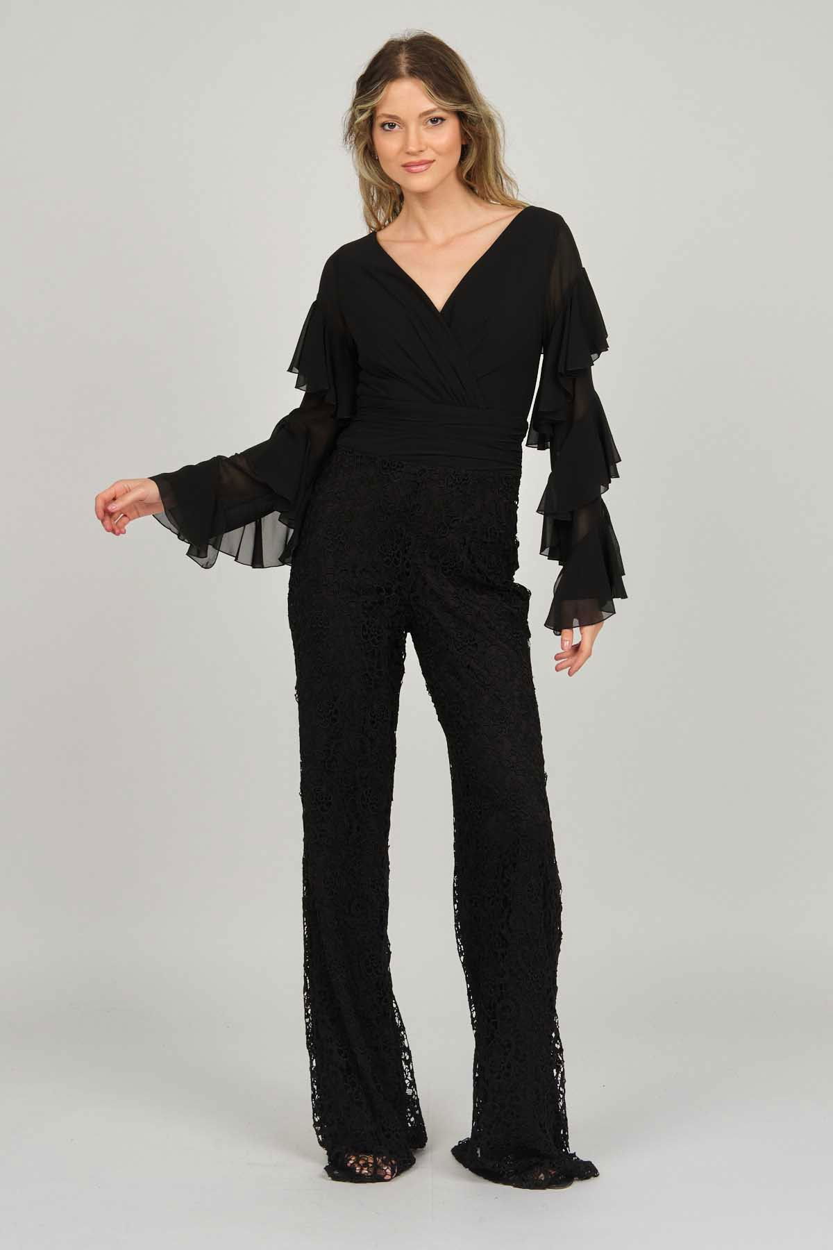 Doridorca Kadın Kolları Fırfırlı V Yaka Abiye Tulum 5921155 Siyah - 1