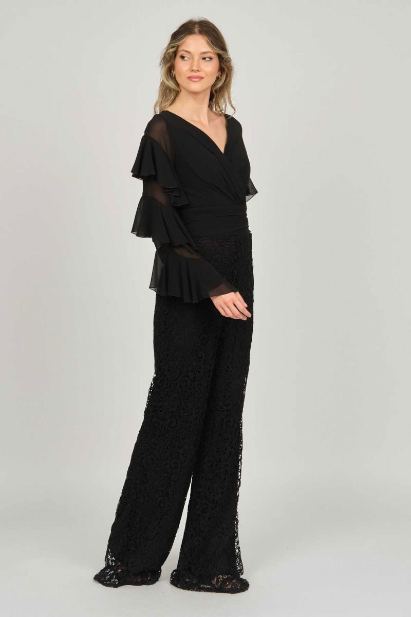 Doridorca Kadın Kolları Fırfırlı V Yaka Abiye Tulum 5921155 Siyah - 2