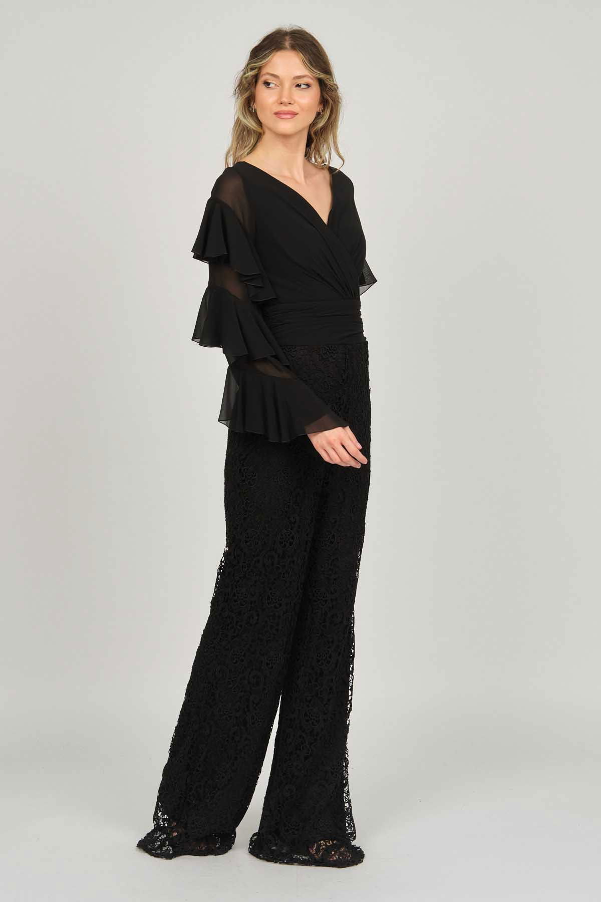 Doridorca Kadın Kolları Fırfırlı V Yaka Abiye Tulum 5921155 Siyah - 2