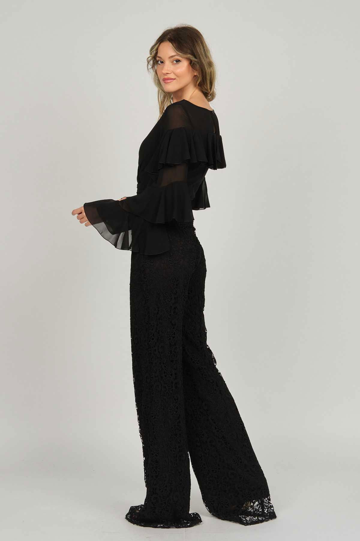 Doridorca Kadın Kolları Fırfırlı V Yaka Abiye Tulum 5921155 Siyah - 4