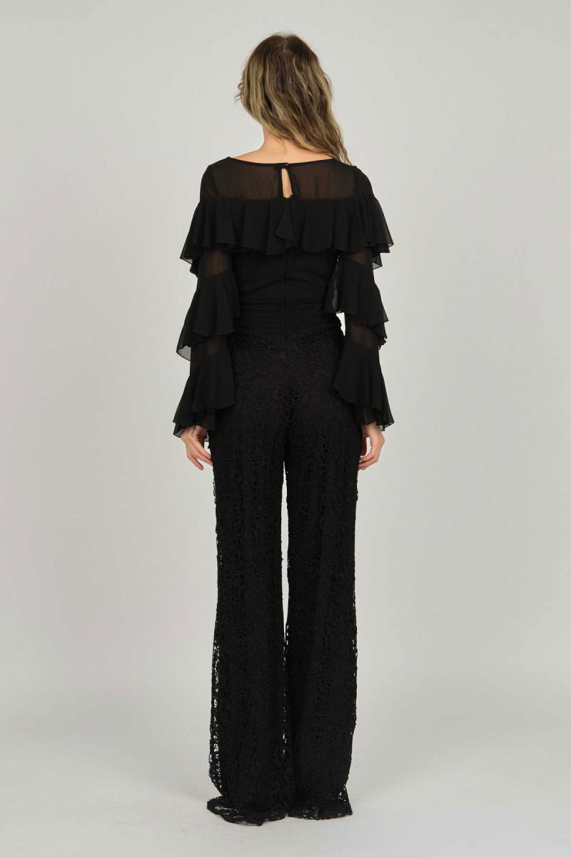 Doridorca Kadın Kolları Fırfırlı V Yaka Abiye Tulum 5921155 Siyah - 5