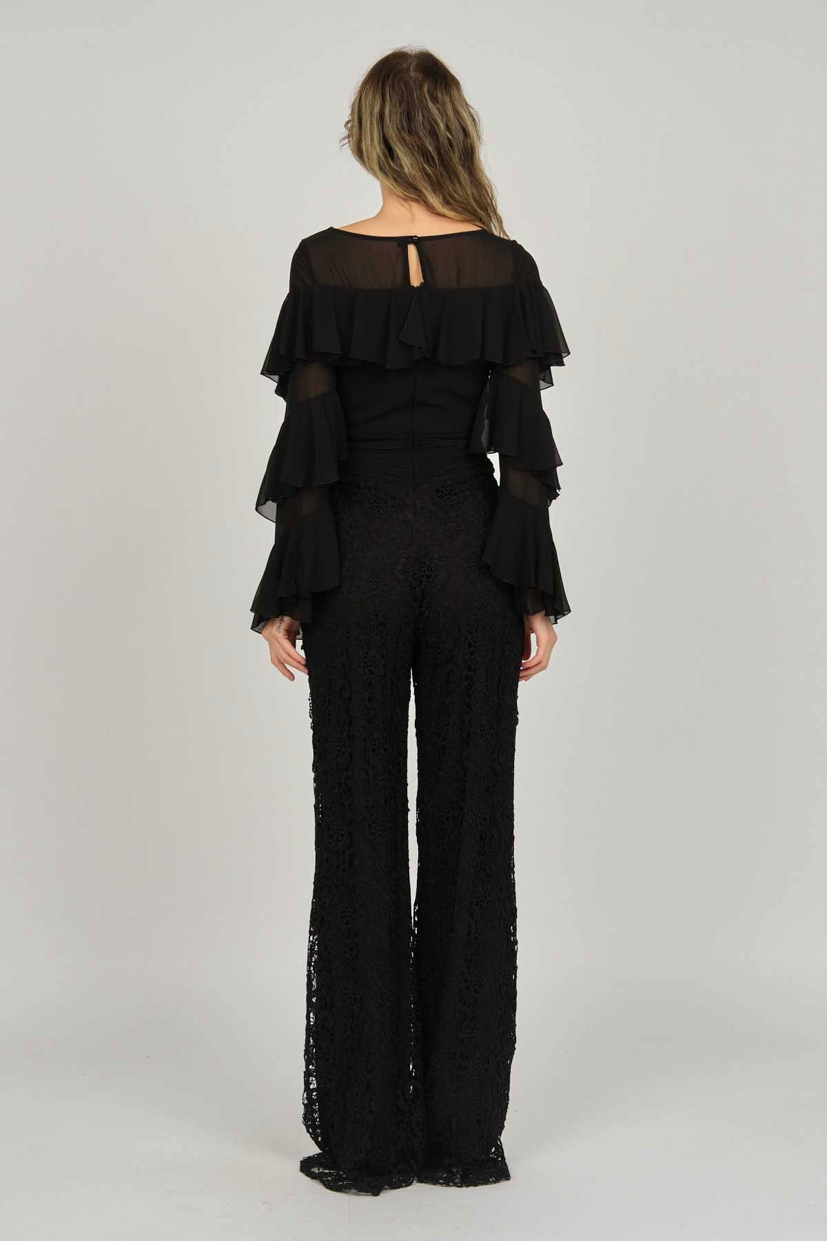 Doridorca Kadın Kolları Fırfırlı V Yaka Abiye Tulum 5921155 Siyah - 5