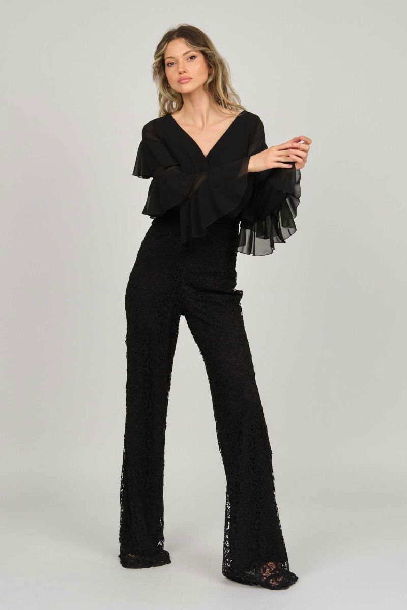 Doridorca Kadın Kolları Fırfırlı V Yaka Abiye Tulum 5921155 Siyah - 6