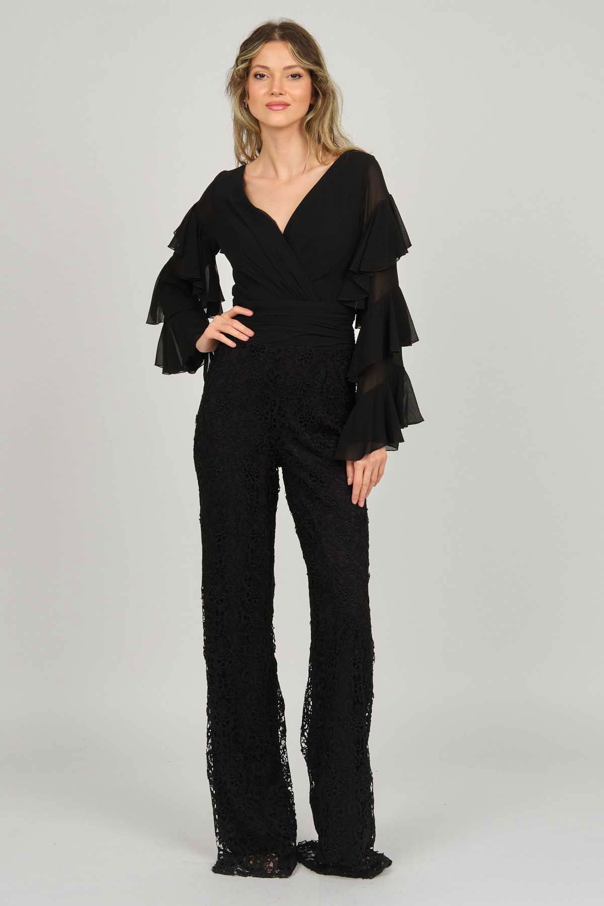 Doridorca Kadın Kolları Fırfırlı V Yaka Abiye Tulum 5921155 Siyah - 7