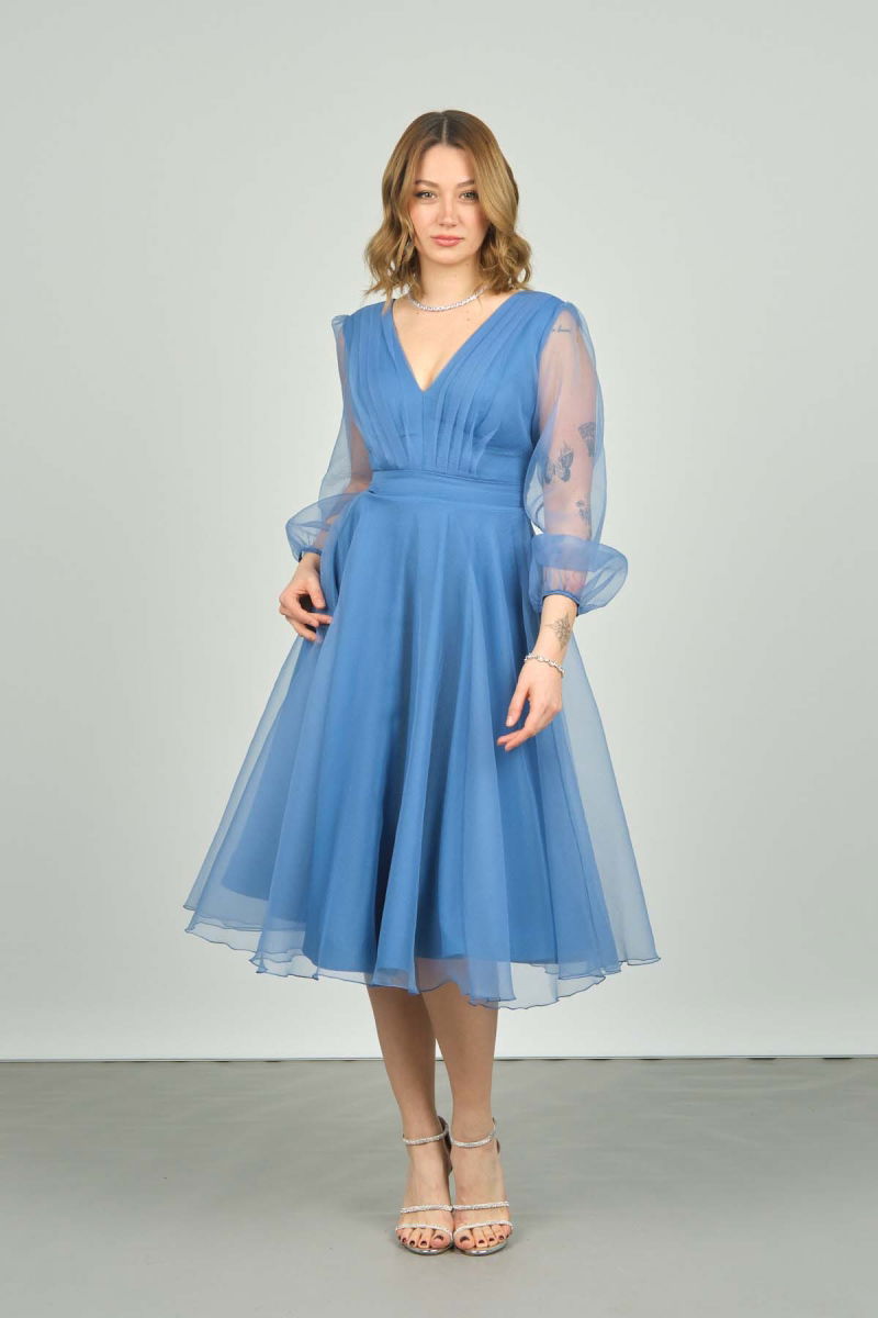 Doridorca Kadın Kolları ve Eteği Tül V Yaka Midi Boy Abiye Elbise 3037 Indigo - Doridorca