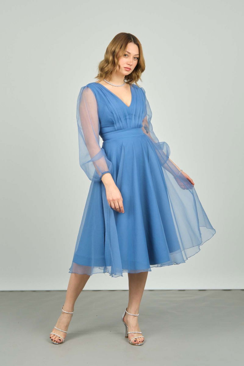 Doridorca Kadın Kolları ve Eteği Tül V Yaka Midi Boy Abiye Elbise 3037 Indigo - 2