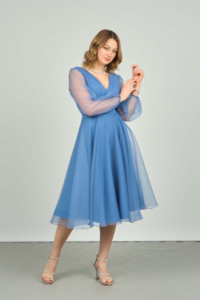 Doridorca Kadın Kolları ve Eteği Tül V Yaka Midi Boy Abiye Elbise 3037 Indigo - 3