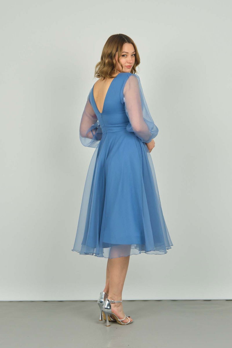 Doridorca Kadın Kolları ve Eteği Tül V Yaka Midi Boy Abiye Elbise 3037 Indigo - 5