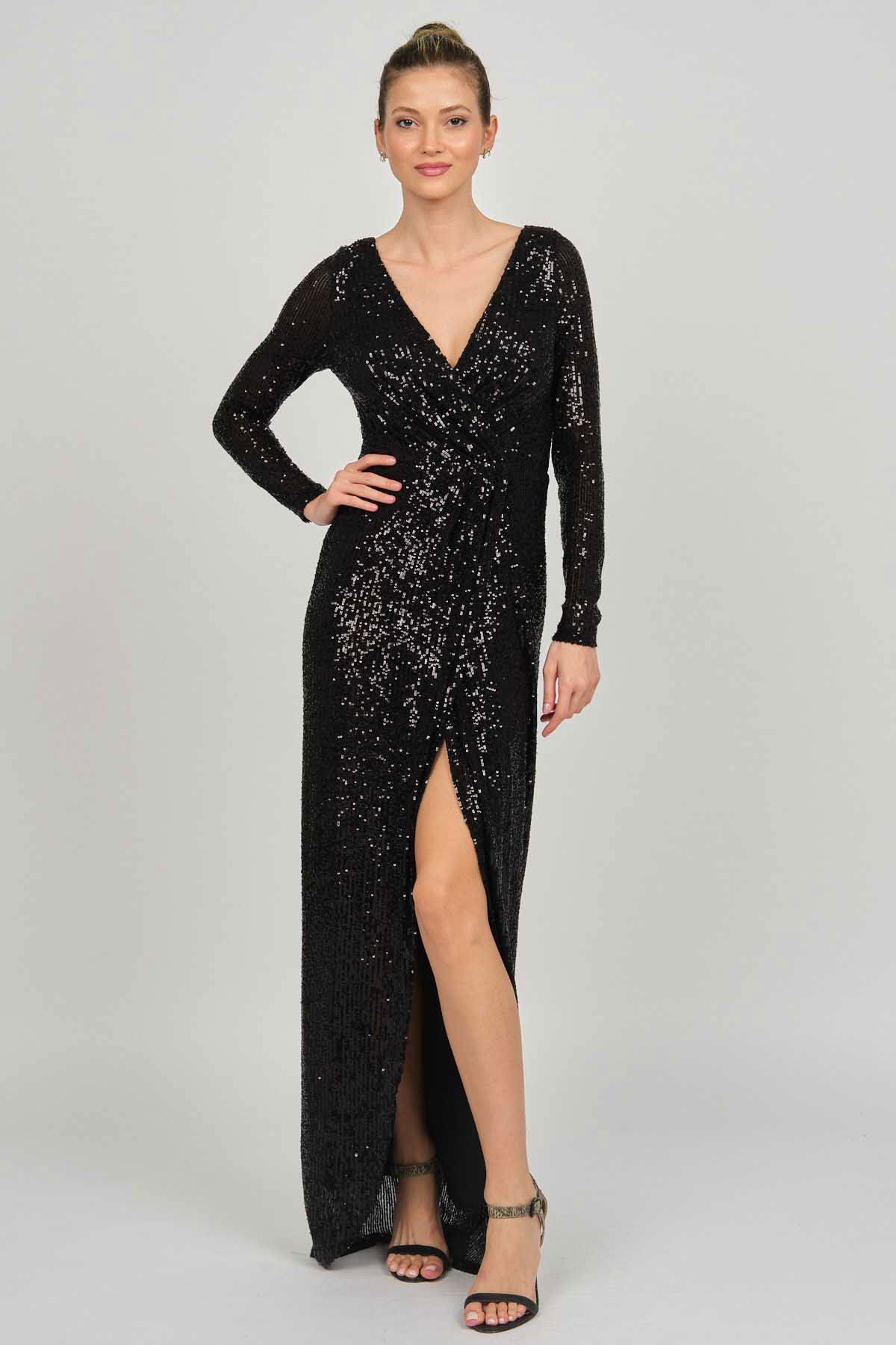 Doridorca Kadın Kruvaze Uzun Abiye Elbise 5929232 Siyah - 2