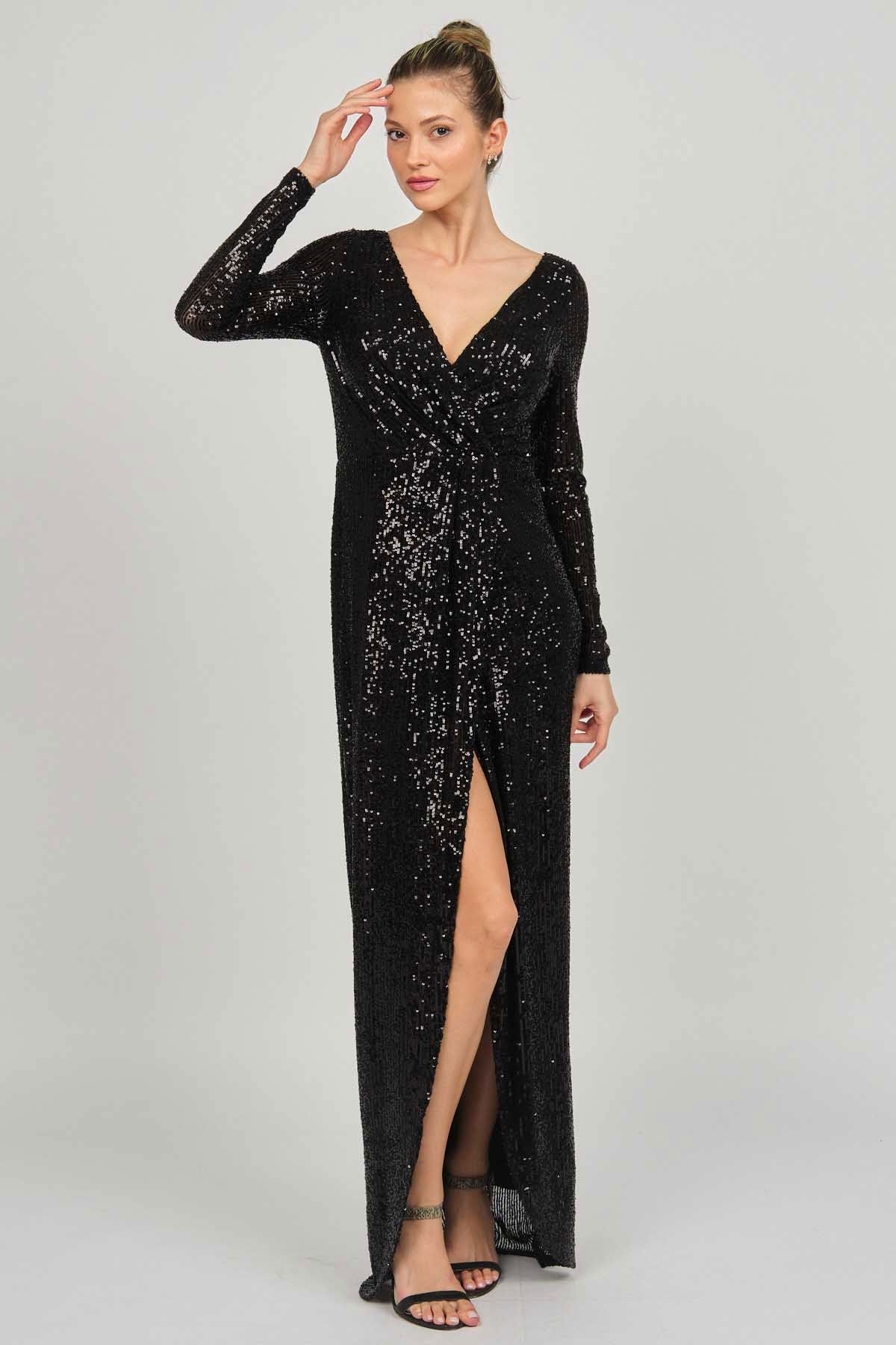 Doridorca Kadın Kruvaze Uzun Abiye Elbise 5929232 Siyah - 7