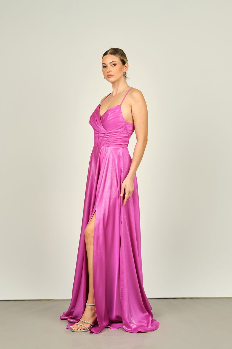 Doridorca Kadın Kruvaze Yaka Askılı Sırt Detaylı Kloş Parlak Kumaş Abiye Elbise 5083 Fuşya - Doridorca