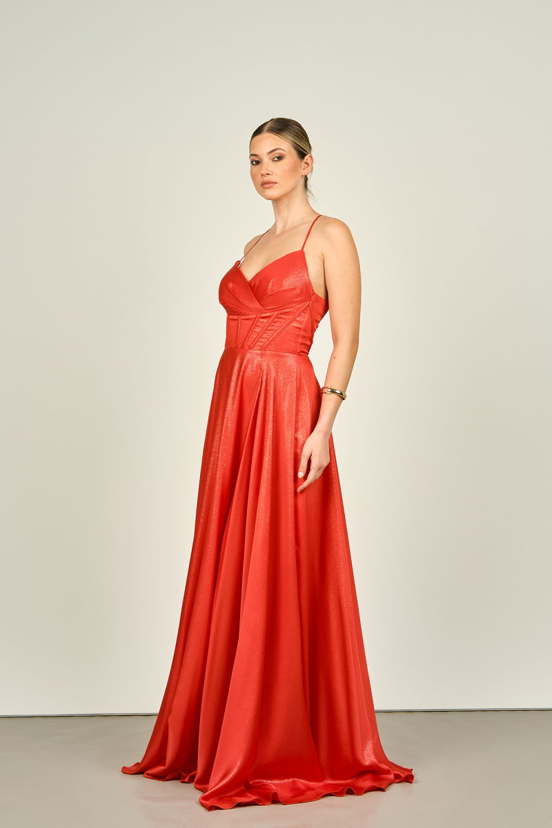 Doridorca Kadın Kruvaze Yaka Askılı Sırt Detaylı Kloş Parlak Kumaş Abiye Elbise 5083 Nar Çiçeği - Doridorca