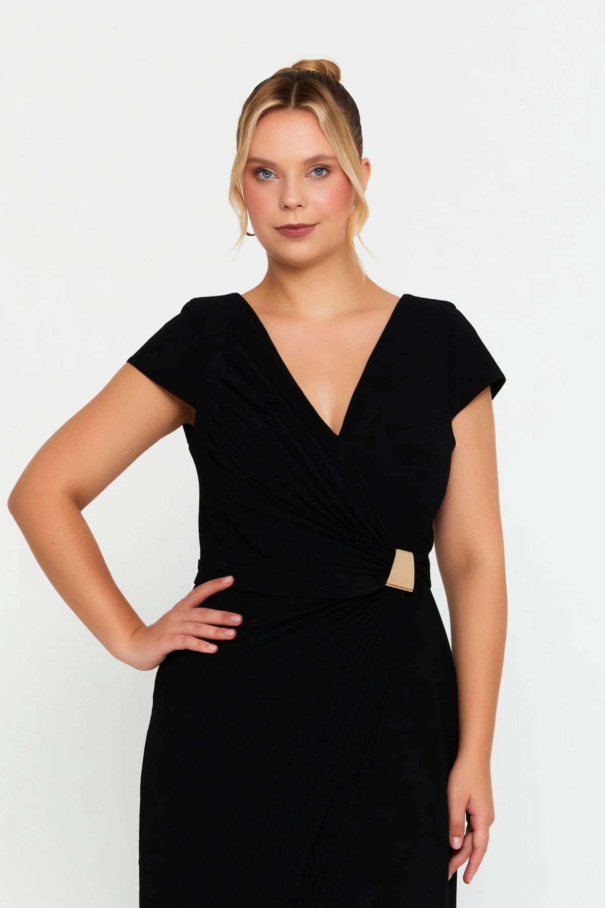 Doridorca Kadın Kruvaze Yaka Pilise Detaylı Geniş Beden Aralıklı Uzun Abiye Elbise 7135 Siyah - 3