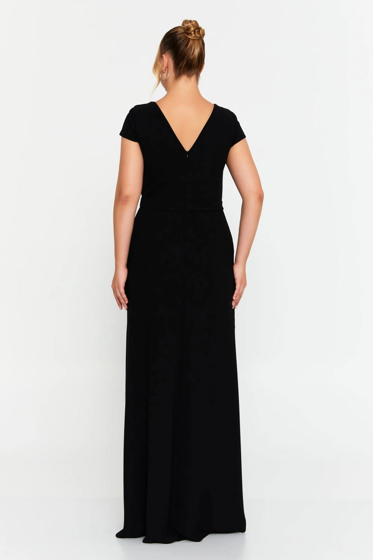 Doridorca Kadın Kruvaze Yaka Pilise Detaylı Geniş Beden Aralıklı Uzun Abiye Elbise 7135 Siyah - 4