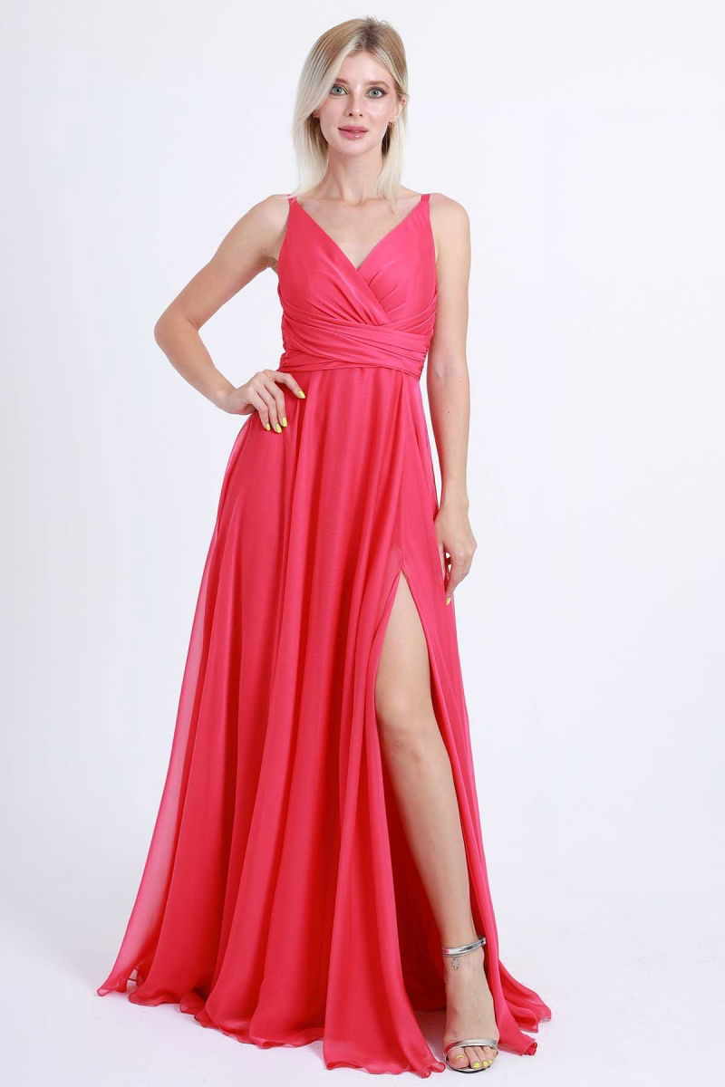 Doridorca Kadın Kruvaze Yaka Şifon Abiye Elbise 4078 Fuşya - Doridorca