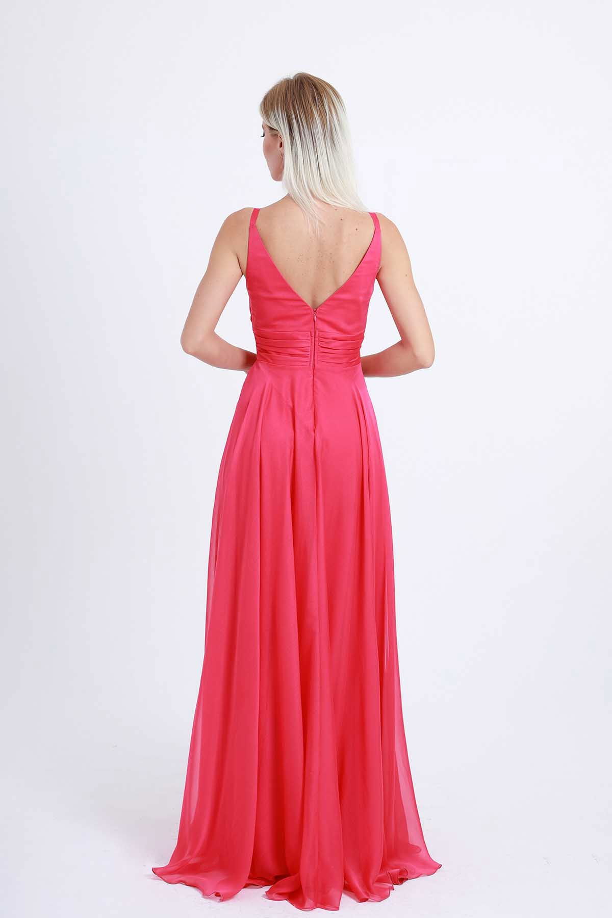 Doridorca Kadın Kruvaze Yaka Şifon Abiye Elbise 4078 Fuşya - 2