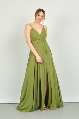 Doridorca Kadın Kruvaze Yaka Sırt Detaylı Uzun Abiye Elbise 2019 Yağ Yeşili - 1