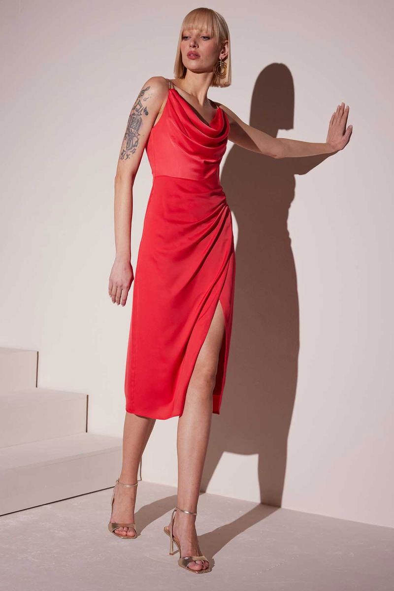 Doridorca Kadın Midi Boy Abiye Elbise 5026 Nar - Doridorca