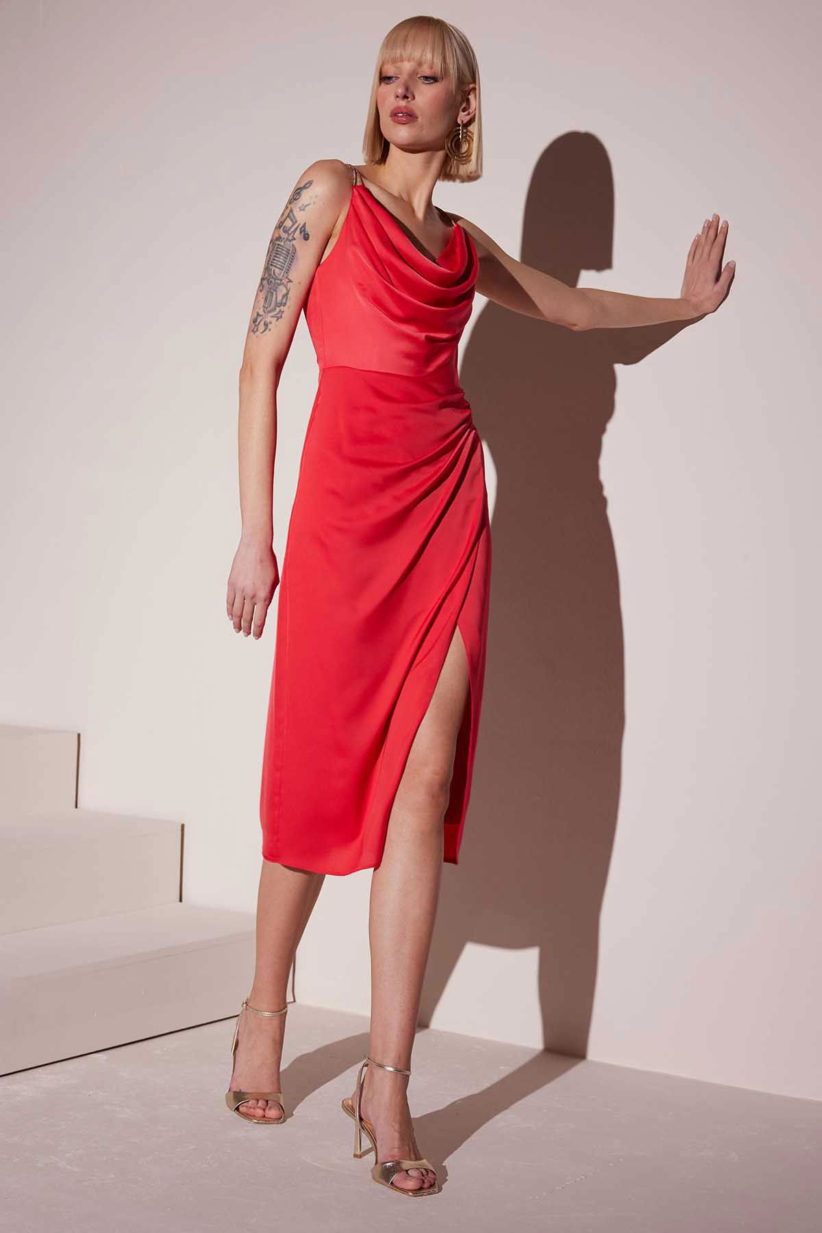 Doridorca Kadın Midi Boy Abiye Elbise 5026 Nar - 1