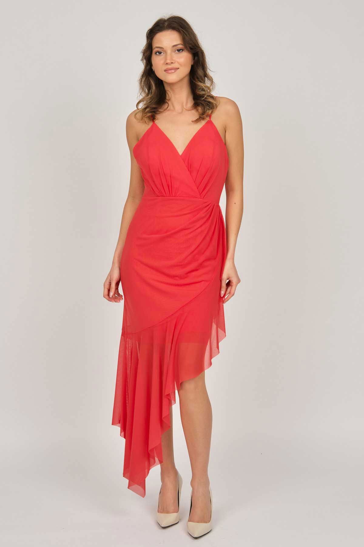 Doridorca Kadın Midi Boy Kruvaze Abiye Elbise 5922060 Mercan - 6