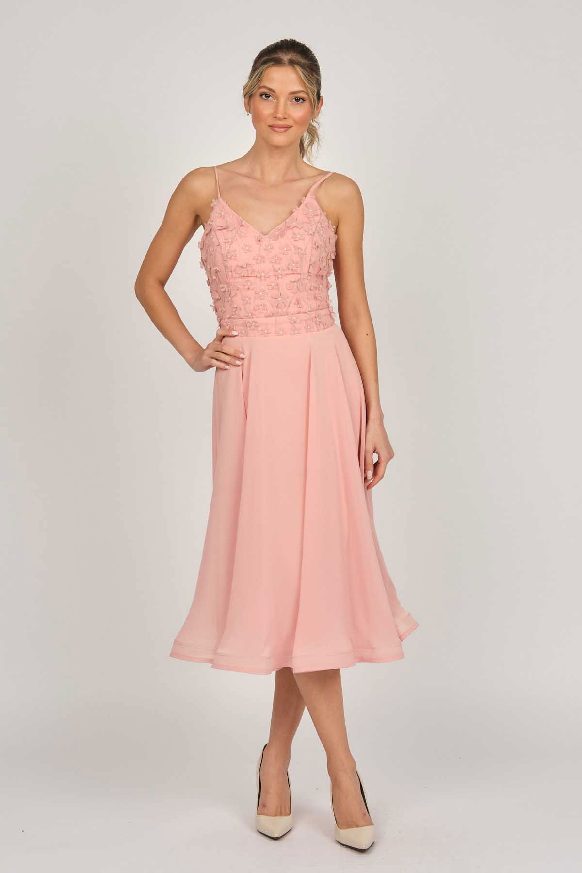 Doridorca Kadın Midi Boy Şifon Abiye Elbise 5921123 Pudra - 2