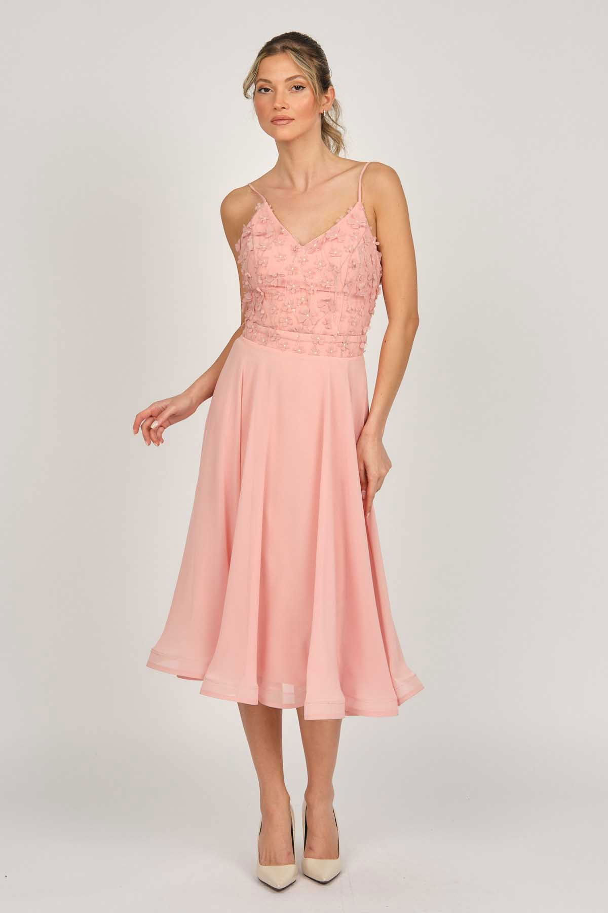 Doridorca Kadın Midi Boy Şifon Abiye Elbise 5921123 Pudra - 3