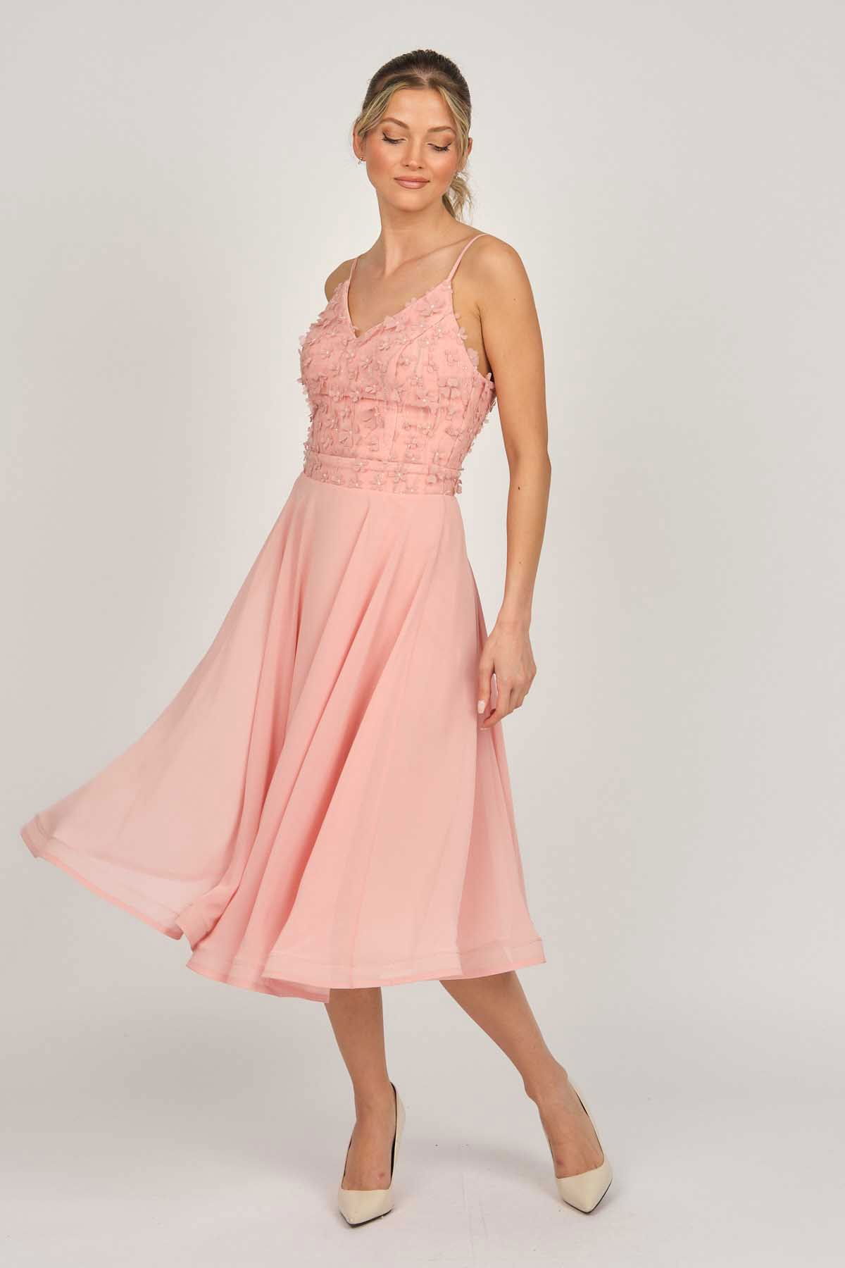 Doridorca Kadın Midi Boy Şifon Abiye Elbise 5921123 Pudra - 4