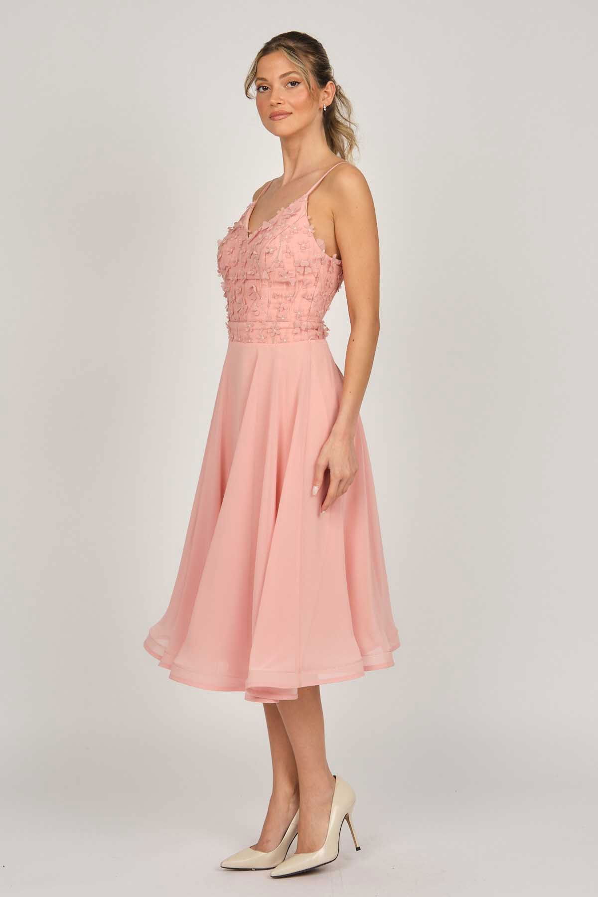 Doridorca Kadın Midi Boy Şifon Abiye Elbise 5921123 Pudra - 6