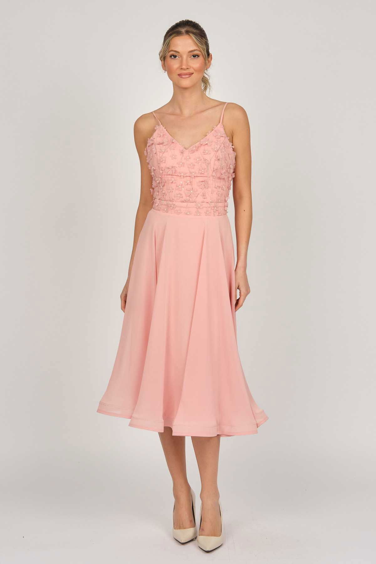 Doridorca Kadın Midi Boy Şifon Abiye Elbise 5921123 Pudra - 7