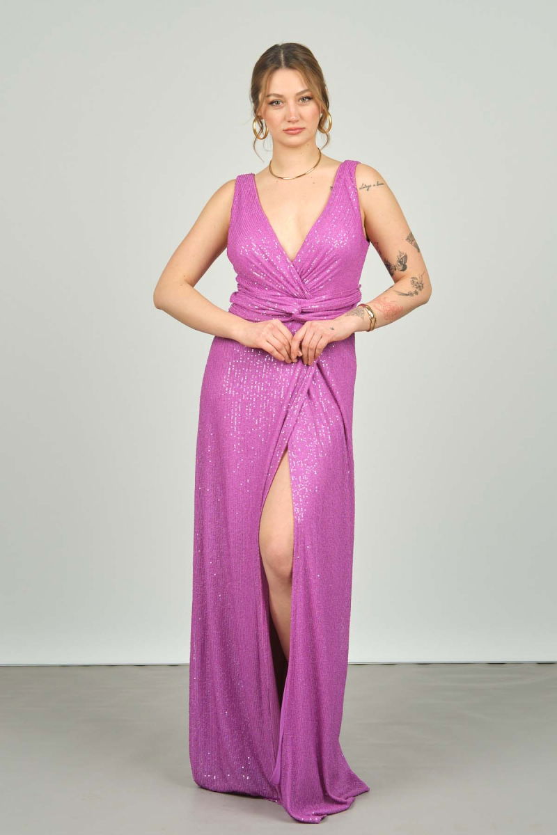 Doridorca Kadın Ön ve Arka V Yaka Pullu Derin Yırtmaçlı Uzun Abiye Elbise 5035 Erguvan - 2