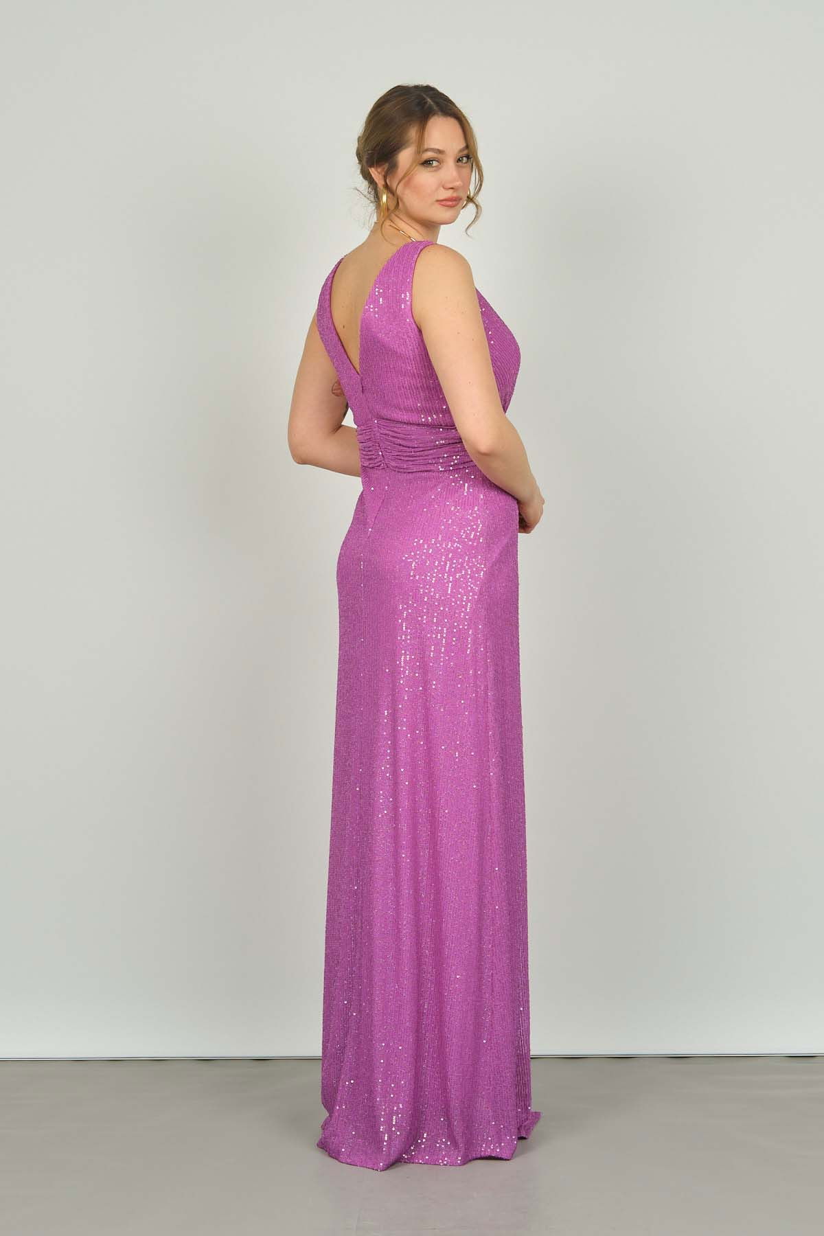 Doridorca Kadın Ön ve Arka V Yaka Pullu Derin Yırtmaçlı Uzun Abiye Elbise 5035 Erguvan - 4