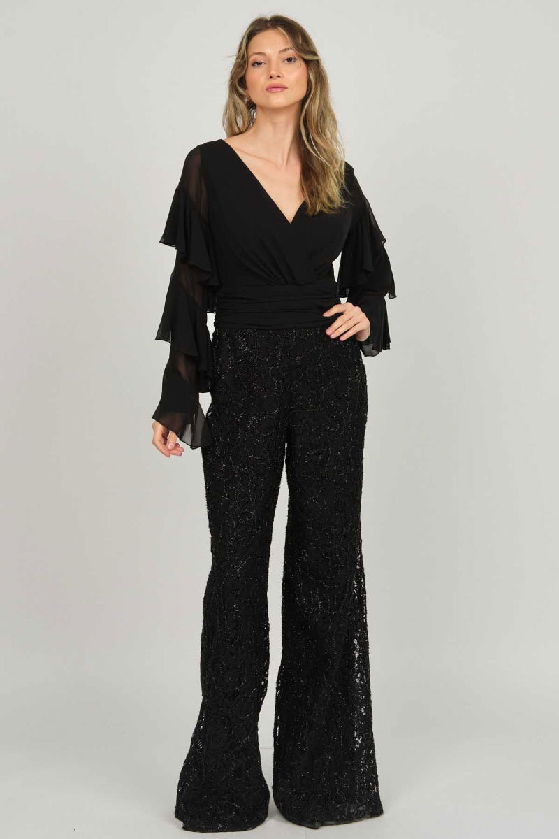 Doridorca Kadın Payetli Fırfır Detaylı Abiye Tulum 5921011 Siyah - Doridorca