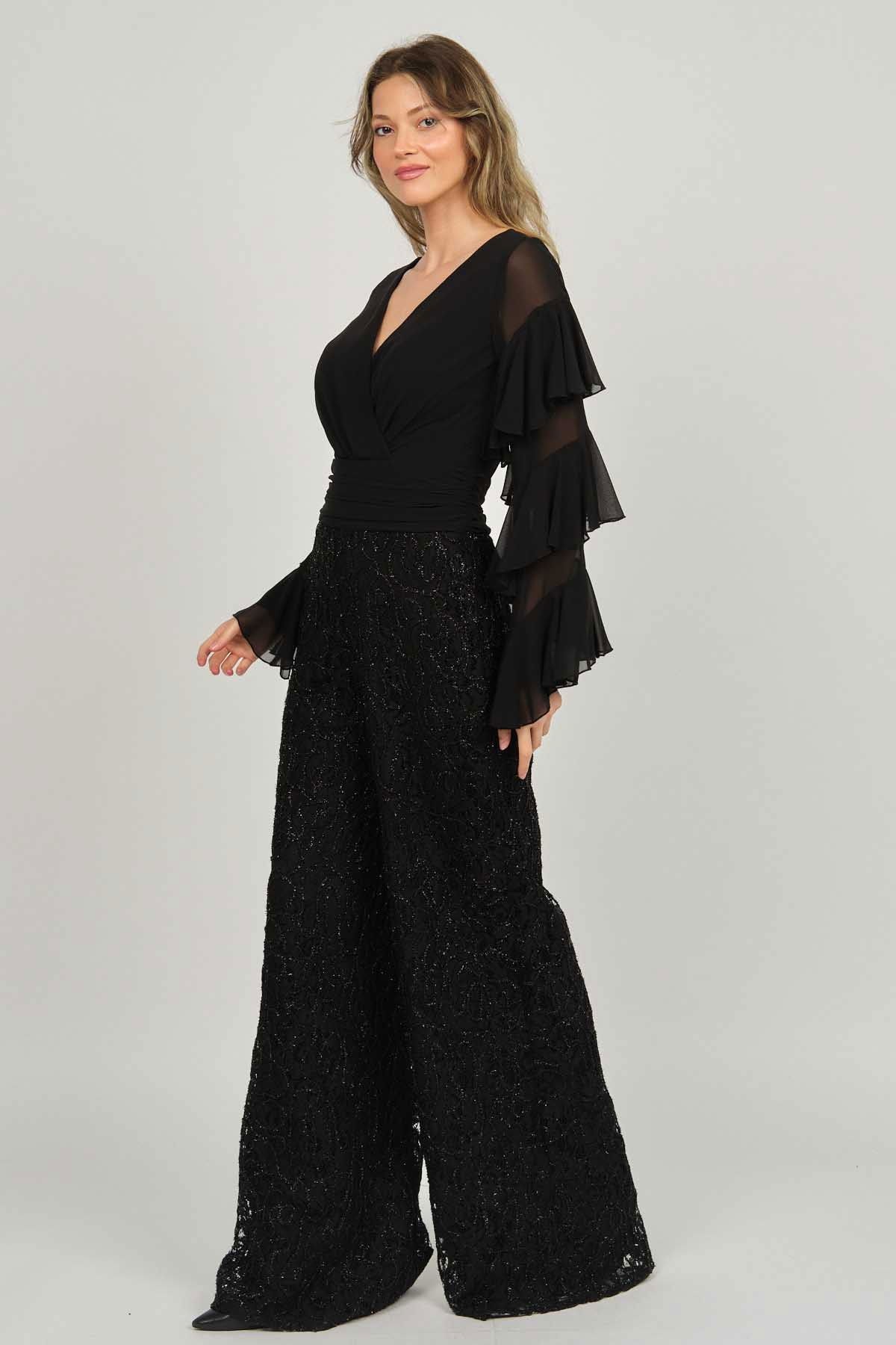 Doridorca Kadın Payetli Fırfır Detaylı Abiye Tulum 5921011 Siyah - 4