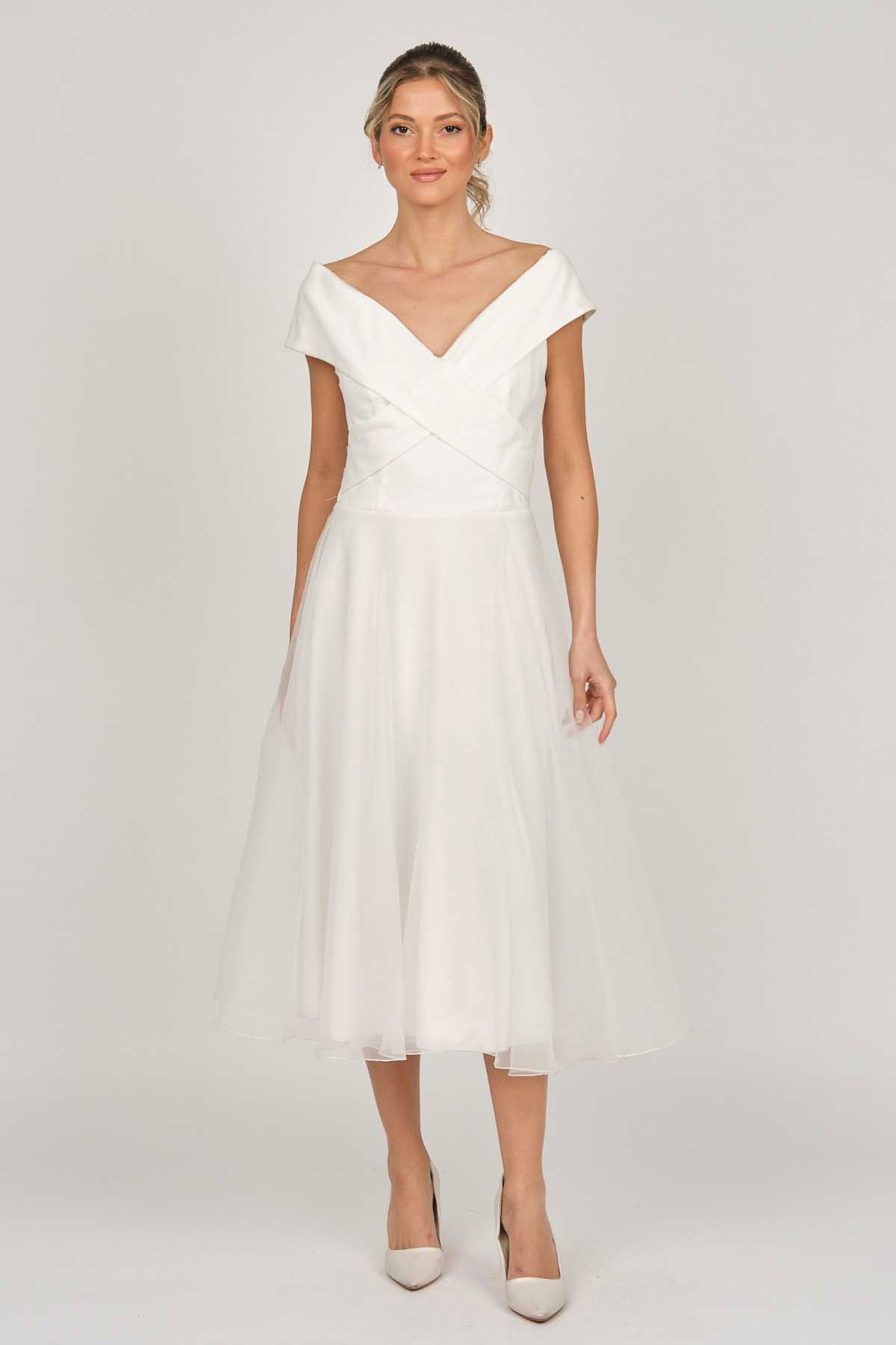 Doridorca Kadın Prenses Yaka Araboy Abiye Elbise 5922090 Kemik - 1