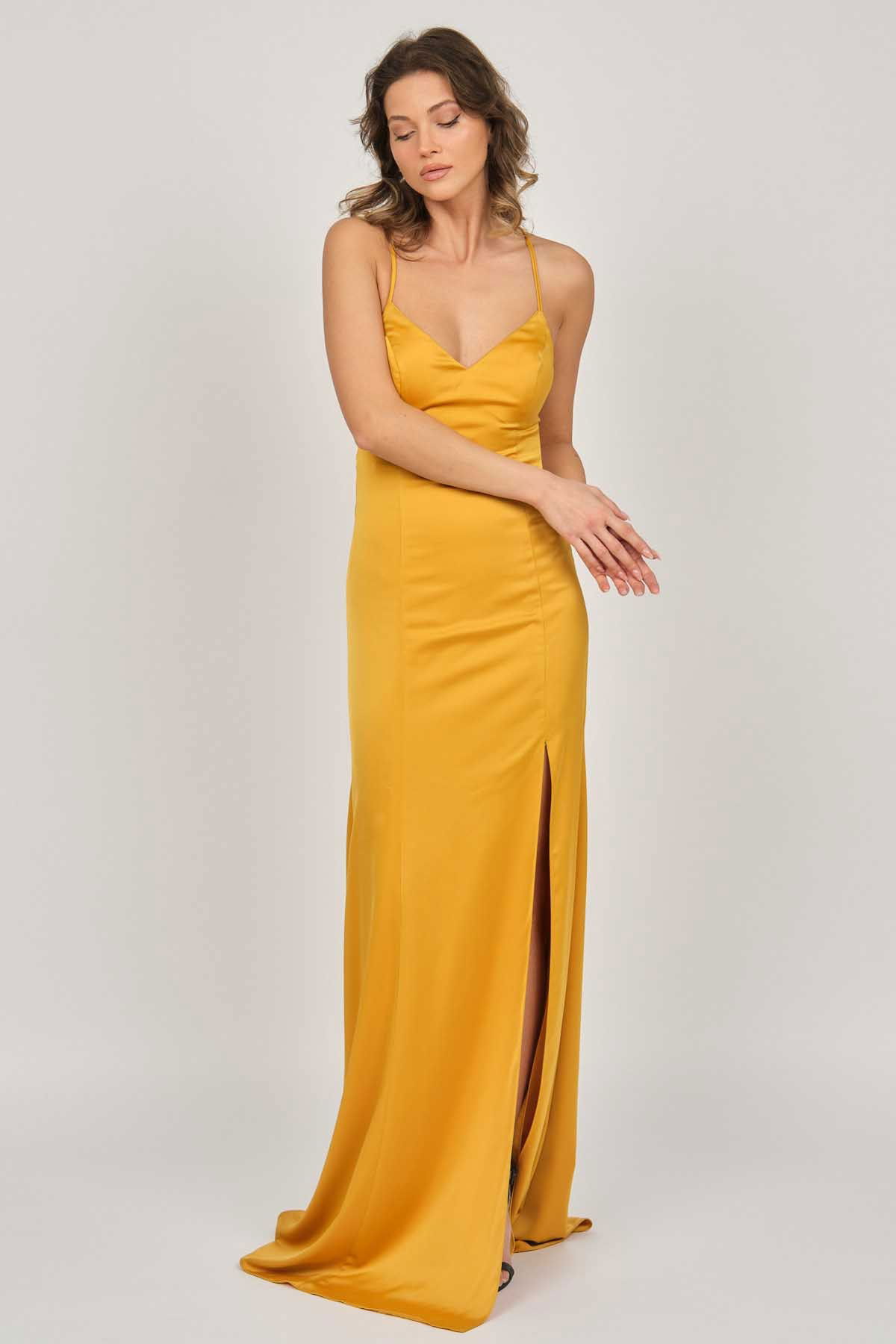 Doridorca Kadın Saten Uzun Abiye Elbise 5929210 Hardal - 2