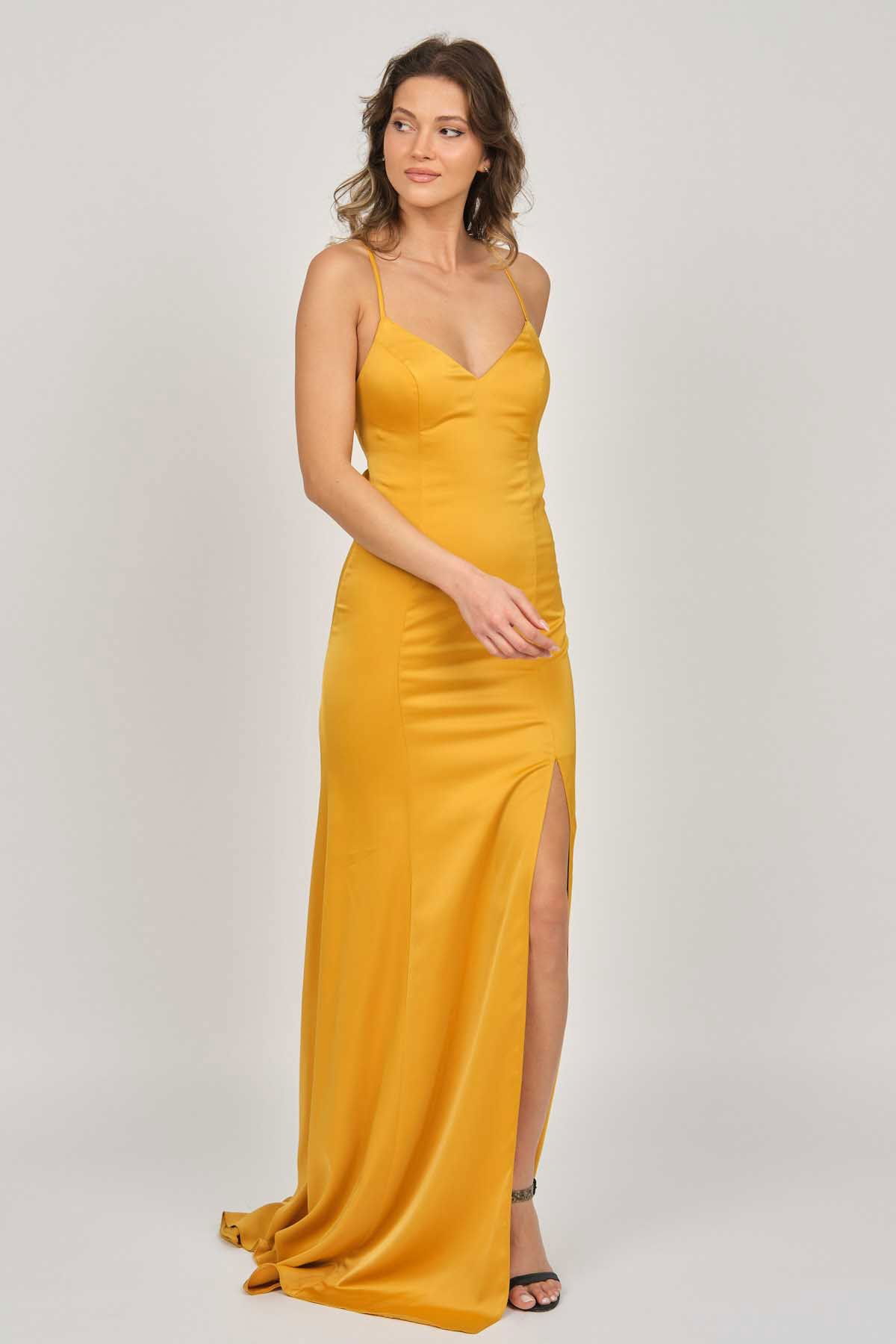 Doridorca Kadın Saten Uzun Abiye Elbise 5929210 Hardal - 4