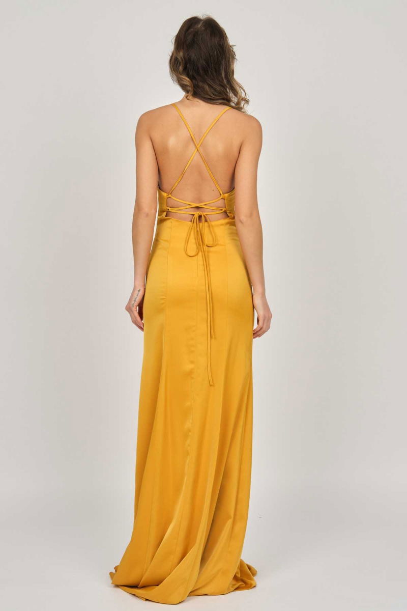 Doridorca Kadın Saten Uzun Abiye Elbise 5929210 Hardal - 5