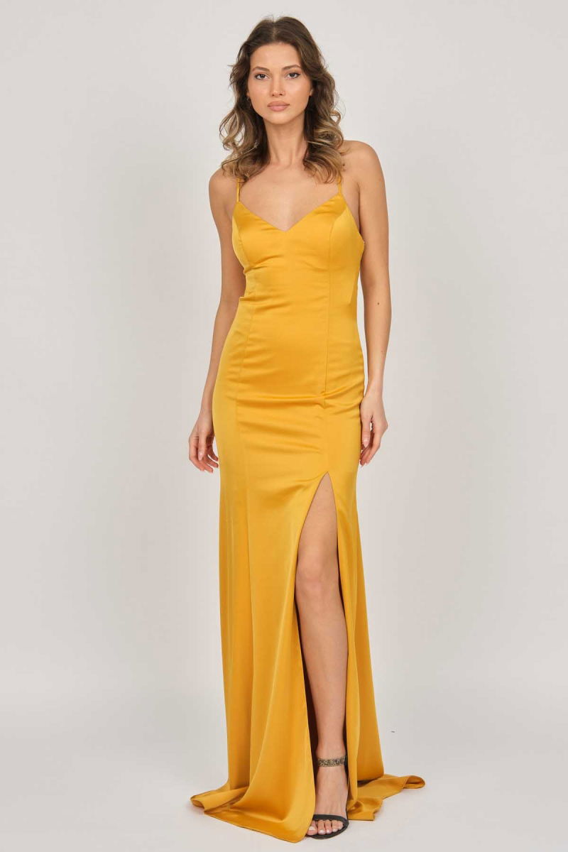 Doridorca Kadın Saten Uzun Abiye Elbise 5929210 Hardal - 6