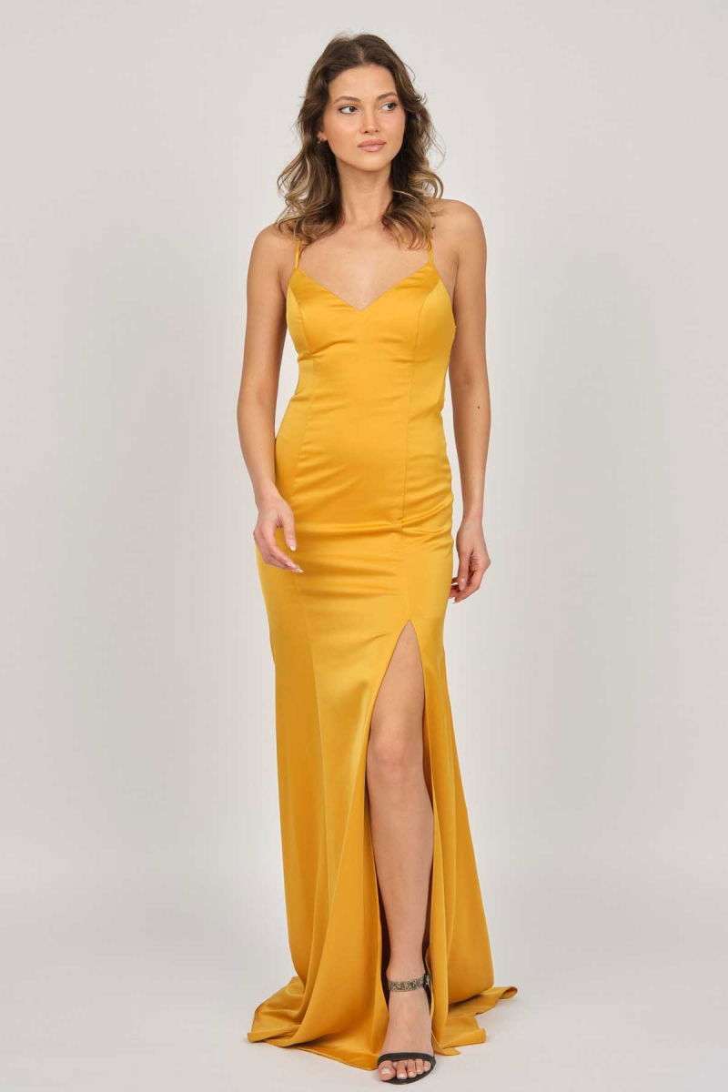 Doridorca Kadın Saten Uzun Abiye Elbise 5929210 Hardal - 7