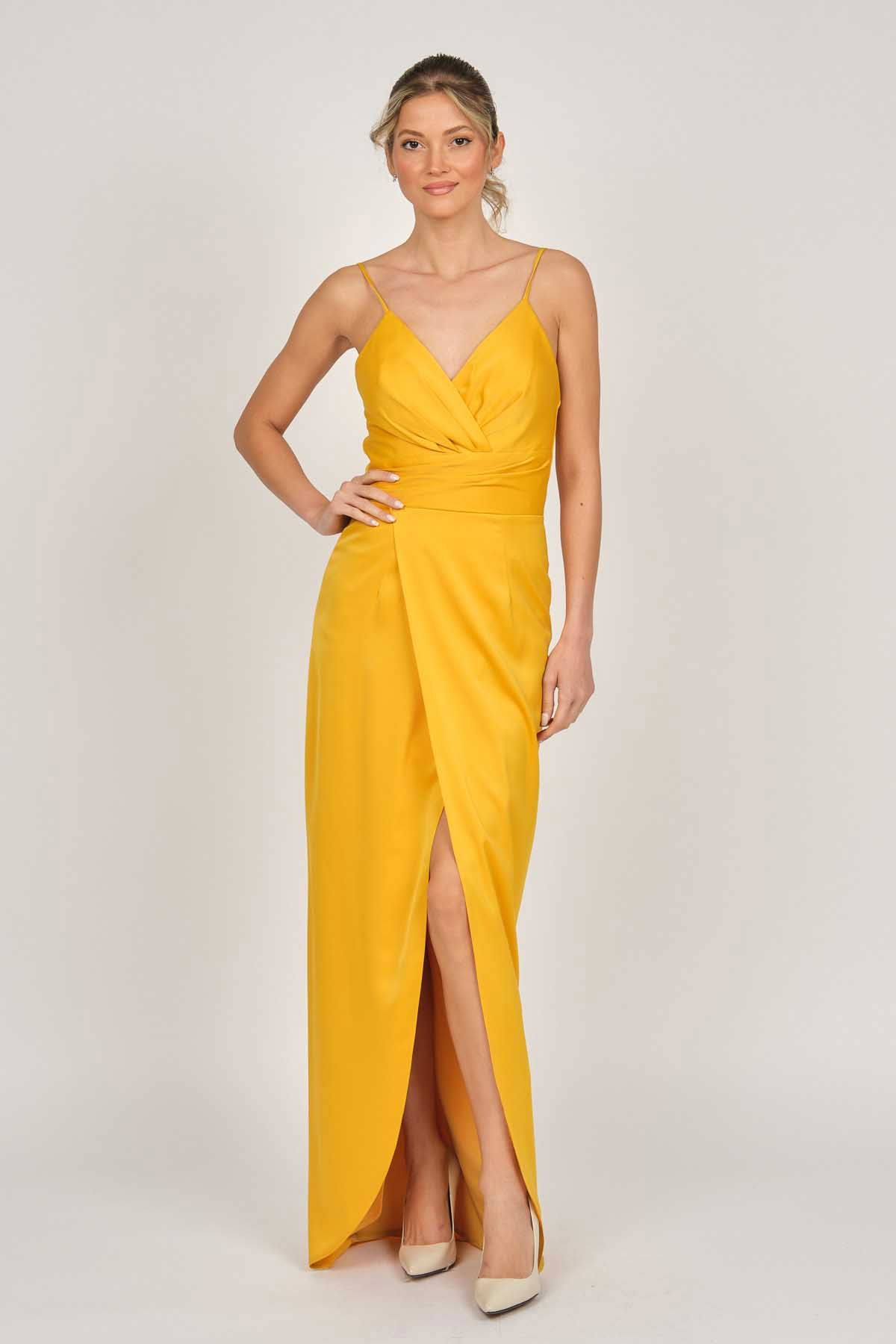 Doridorca Kadın Saten Uzun Abiye Elbise 5929211 Hardal - 1