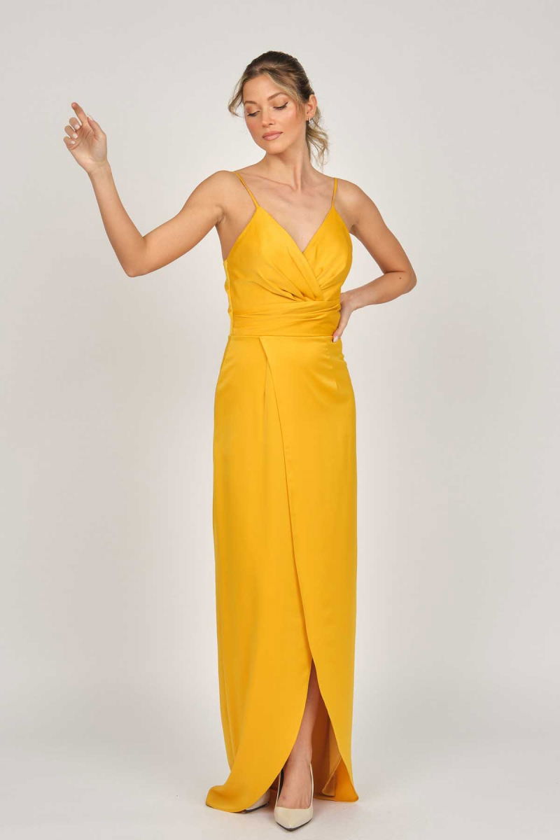 Doridorca Kadın Saten Uzun Abiye Elbise 5929211 Hardal - 2