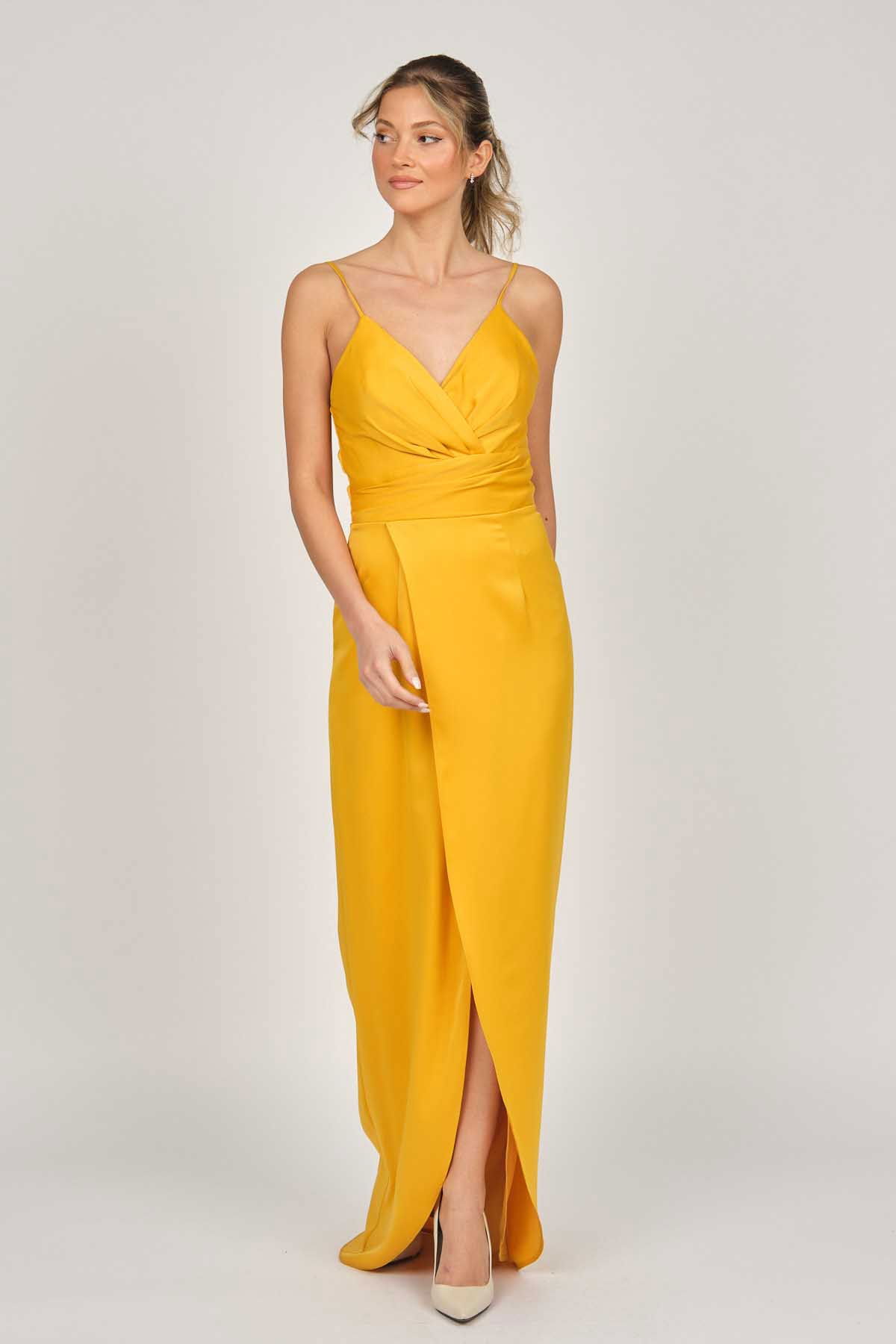 Doridorca Kadın Saten Uzun Abiye Elbise 5929211 Hardal - 4