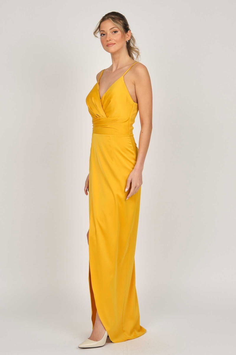 Doridorca Kadın Saten Uzun Abiye Elbise 5929211 Hardal - 6